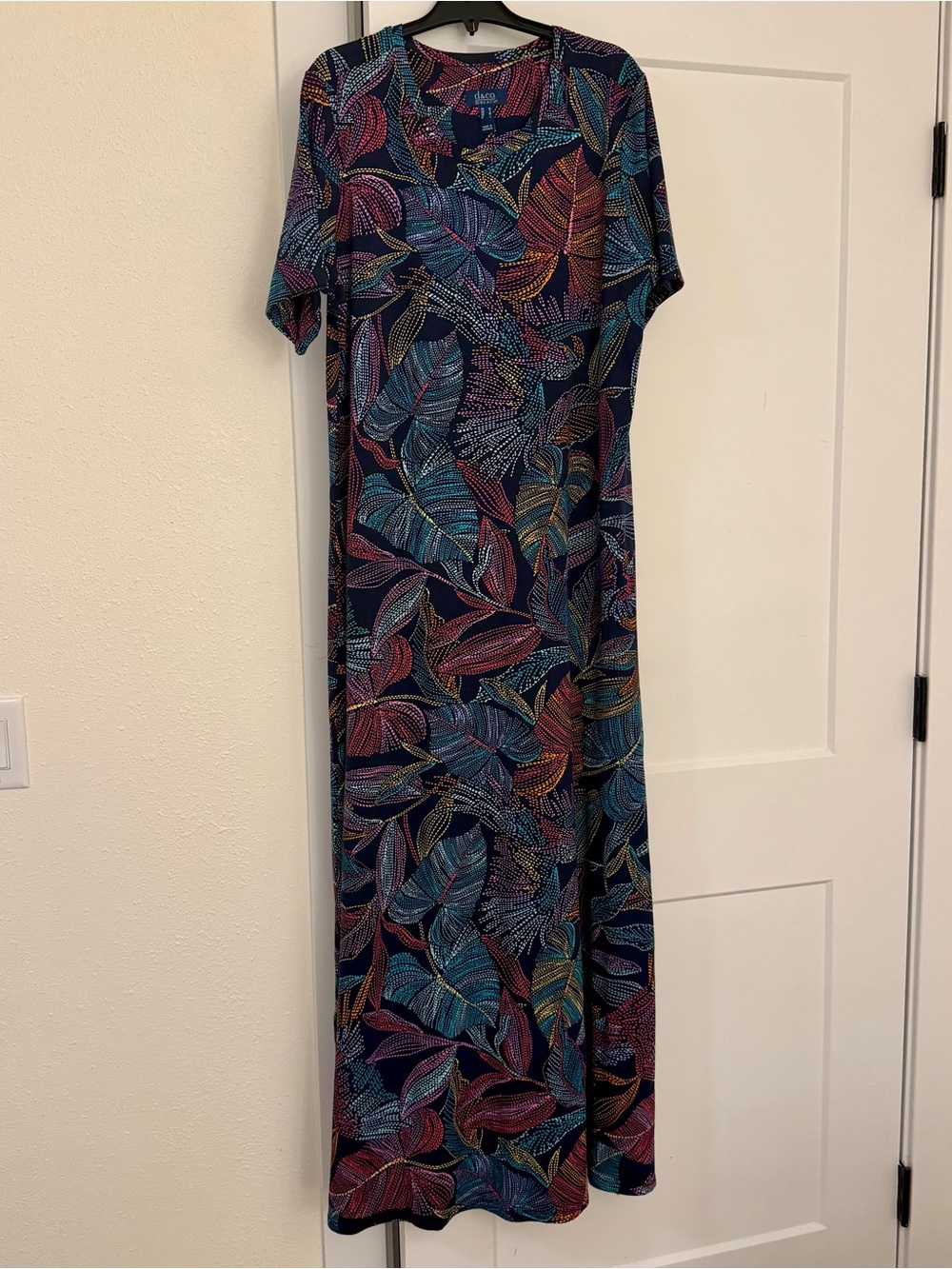 d&co Navy Maxi Dress with Teal, Pink & Gold Leaf Motif